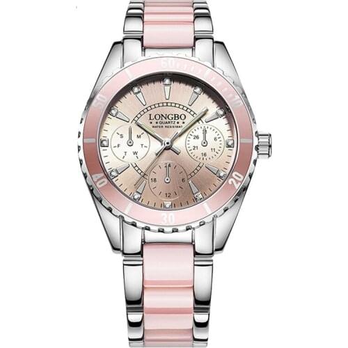 LONGBO Three-Eye Ceramic Steel Belt Watch Luminous Quartz Ladies Clock Montre Femme Acier Inoxydable Horloge Dames Relogio Fi