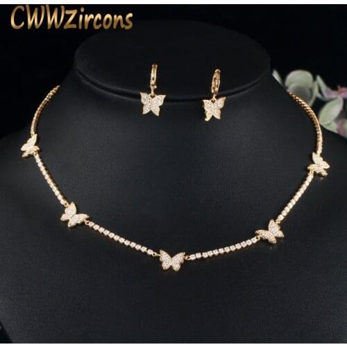 CWWZircons Brazilian Gold Color Cubic Zirconia Tennis Chain Butterfly Chocker Necklace Earring Boho Jewelry Set for Women T449