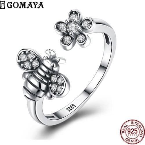 GOMAYA 925 Sterling Silver Bee And Flower Design Creative Zircon Ring New Adjustable Fine Jewelry Personality Girlfriend Gift