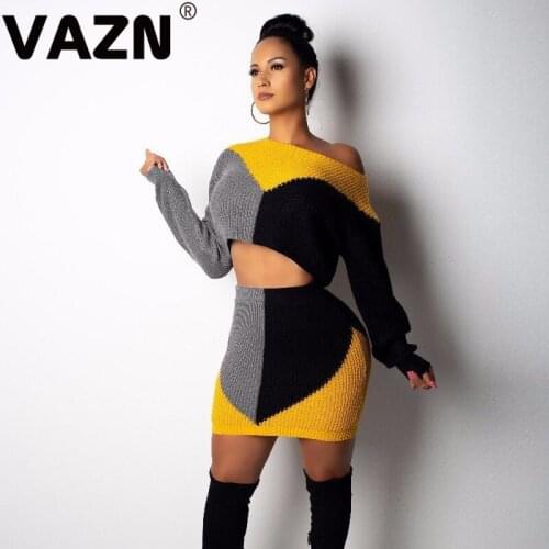 VAZN Hot sale 2020 spring sexy lady colors 2-piece skinny set full sleeve pullover O-neck tops mini skirts set lady knitted set