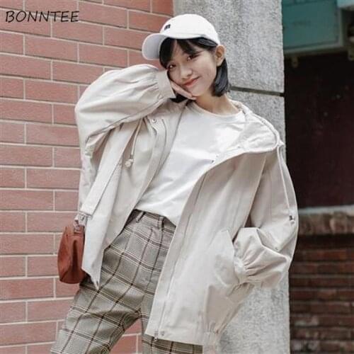 Basic Jackets Women Outwear Fashion All-match Solid Zipper Spring Ins Pockets Loose College Sweet Elegant Casual Tunic with Hat