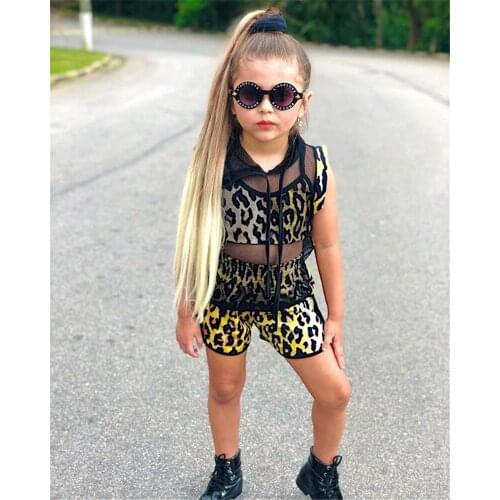 Summer Kids Girls Three Piece Set Fashion Leopard Suspender Crop Tops Mesh Hoodie Cover Up and Short Pants Tracksuit