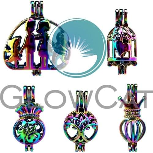 HOT Sale Rainbow Color Beads Cage Perfume Diffuser Aroma Family Crown Lucky Bags Birdcage Pearl Cage Locket Pendant Jewelry