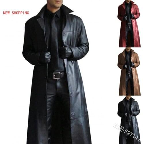 Fashion Men Medieval Steampunk Long Leather Jackets Vintage Autumn Winter Outerwear Faux Leather Trench Coat Long Cardigan Black