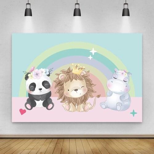 Cartoon Rainbow Cute Panda Lion Zoo Happy Party Backdrop Child Birthday Table Decoration Photography Photo Kids Vinyl Background