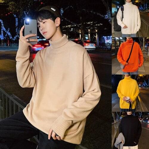 Mens Turtleneck Casual Knitting Warm Sweater Pullover Top Fashion Hot Winter Loose Solid Color Sweater Couple Knitwear