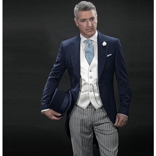 ANNIEBRITNEY Navy Blue Formal Men 3 Piece Tailcoat Ivory Waistcoat Stripe Pants Groom Wedding Tuxedo Prom Dinner Custom Tailcoat