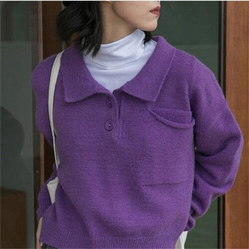 2021 Autumn New Pullover Sweater Women Loose Turn Down Collar Outerwear Soft Solid Short Knit Sweaters Top H696