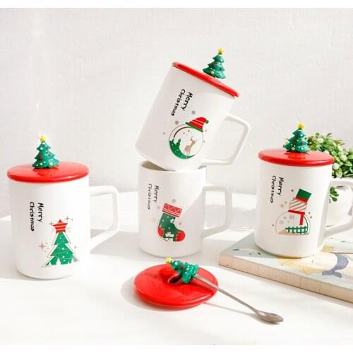 Merry Christmas DAY Coffee Anime Mug With Cover Tree Spoon Tea Cup Present For Children Friends Lovers Taza Gato