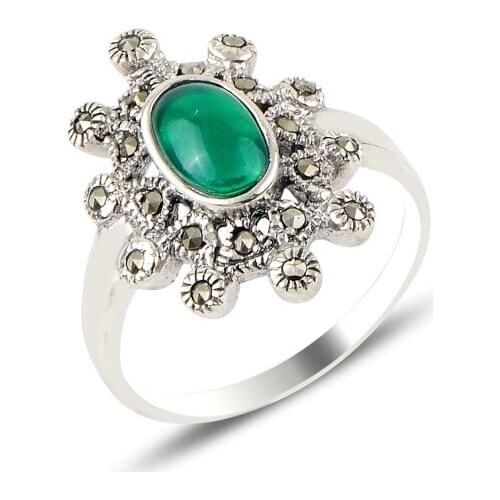 Silver 925 Sterling Green Agate & Marcasite Ring