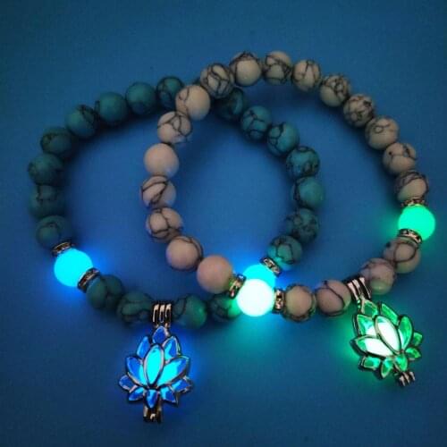Glow Lotus Pendant Beaded Bracelet Boho Gypsy Hippie Bracelet Natural Luminous Glowing Lotus Flower Charm Stone Bracelet KL39J