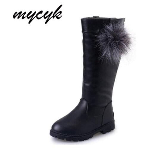 Warm Short Plush Zipper Black Boots Fur Ball Girls High Boots 2018 Autumn Winter Kids PU Leather Knee-High Shoes