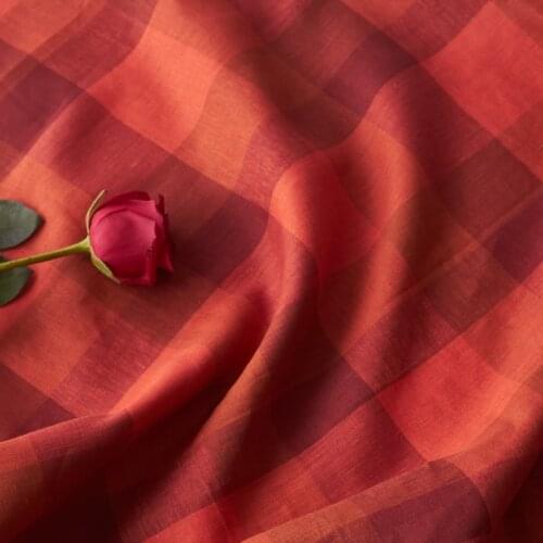 High quality pure flax patchwork Red lattice stripe fabric High-end clothing dresses and gowns material 02934