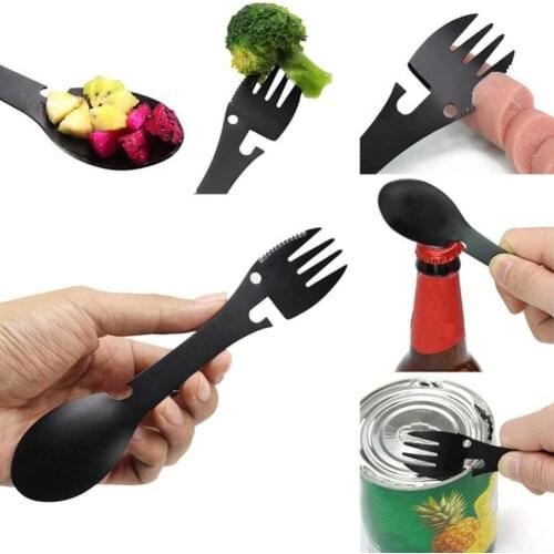 Spoon Fork Stainless Steel Multifunctional Cookware Spoon Fork Bottle Opener Portable Tool Outdoor Camping BBQ Tableware