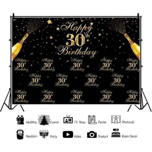 Black Gold Theme 30th Birthday Party Backdrops Photocall Vinyl Background Decorations for Family Portrait Photography Props