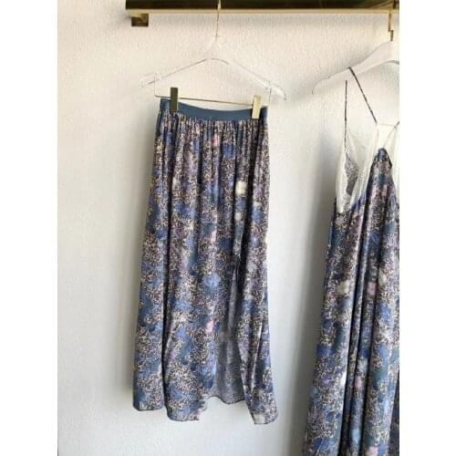 2021SS retro Elstic waist Slim split floral print skirt female Viscose long skirt high quality