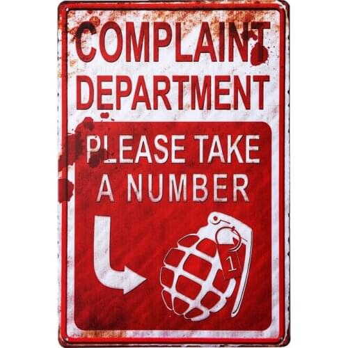 COMPLAINT DEPARTMENT Home Pub Warning Sign Metal Tin Plate Decor