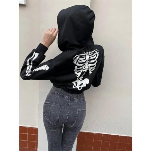 Halloween Women Hooded Zipper Long Sleeve Jacket Skeleton Print With Pockets Party Costumes Crop Top Pullover Coat 2021