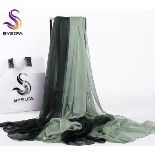 [BYSIFA] Winter Women Large Silk Scarf Summer Ladies Gradient Army Green Beach Cover-ups Shawl New Brand Long Scarves 190*160cm