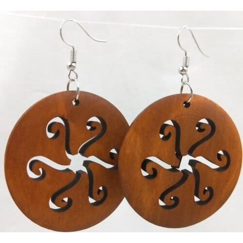 12 Pairs Good Quality Wood Earrings Organic brown Hollow African Woman Wooden Brincos Pendant 5cm E388