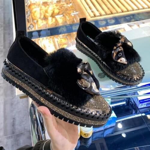 Winter Natural Fur Flats Women Luxury Warm Loafers Crystals Toe 3cm Flat Platform Shoes Woman Slip-on Hair Flats