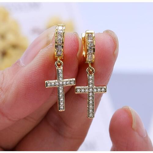 JUWANG 2021 Vintage Luxury Brincos Earrings For Women AAA Cubic Zirconia Cross Hoop Dangle Earrings Jewelry Pendientes Piercing