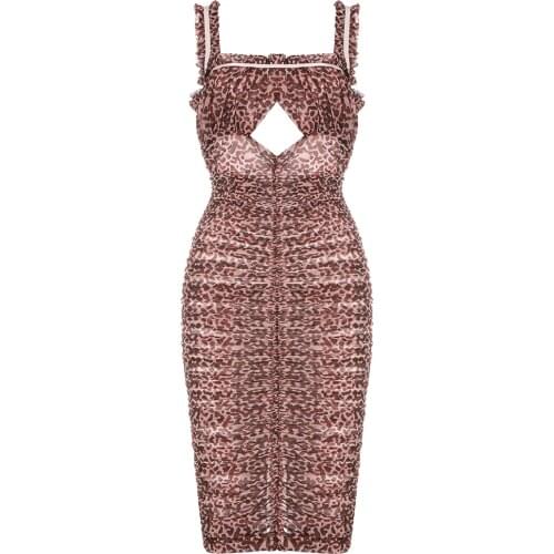 2021 New Summer Fashion Leopard Spaghetti Strap Dress Women Sexy Hollow Out Sleeveless Club Celebrity Party Clothing