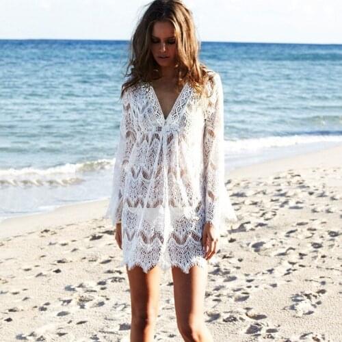 2017 New Europe America Style Beach Loose Solid Hollow Out Mini Regular Natural V-neck Summer Women Dresses