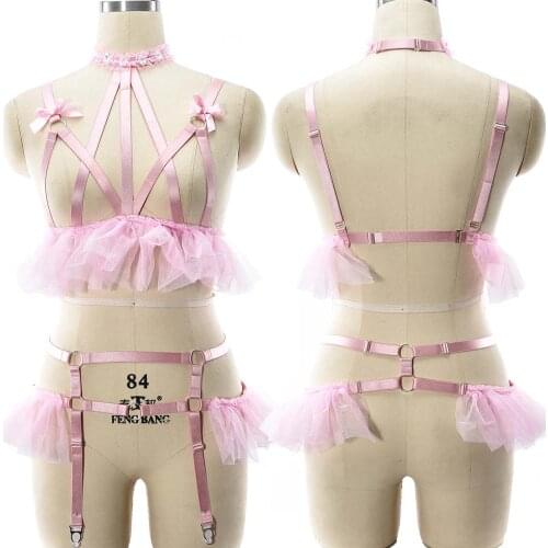BODY HARNESS Set Pink Sexy Wedding Lingerie Cage Bra Bondage Leg Harness Stockings Garter Belt Kawaii Bow Women Harness Belt