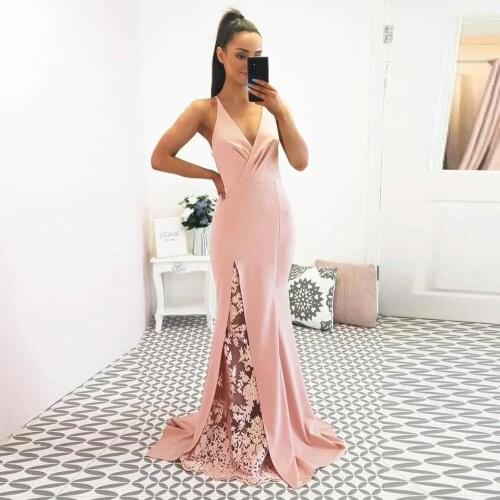 Sexy Blue Mermaid Evening Dress V-Neck Side Tulle with Floral Applique Long Prom Dresses Sweep Train Imitated Silk Fabric