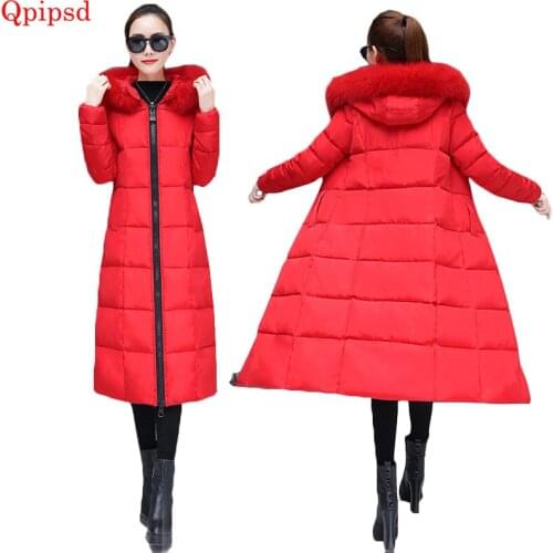 2021 Fashion Big Fur Winter Coat Thicken Warm Parka Women Splice Slim Long Winter Coat Down Cotton Ladies Down Parka Down Jacket
