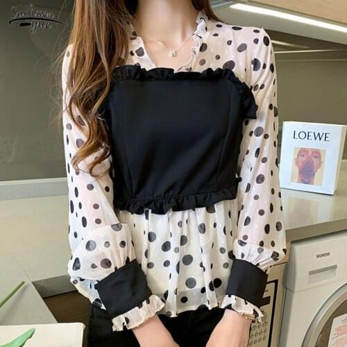 Blusas Mujer 2020 Autumn New Sweet Spliced Shirt Female V-Neck Polka Dot Long Sleeve Chiffon Blouse Women Chemisier Femme 10540