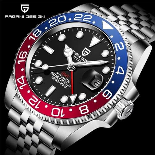 PAGANI DESIGN GMT Automatic Watches Mens Stainless Steel 100M Waterproof Men WristWatch Sapphire Glass Watch Relogio Masculino