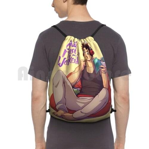Chill Music On A Weekend Backpack Drawstring Bags Gym Bag Waterproof Mondoart Raeyr Oc Guy Mens Hunk Handsome Muscle Cute