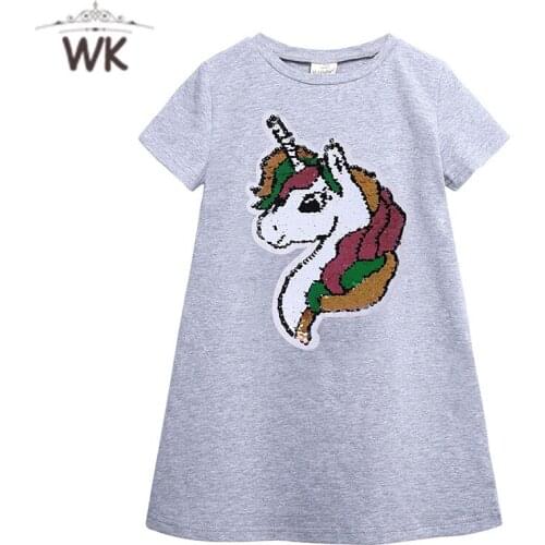 Jq-317 Reversible Sequins Cotton Girls Dress Summer 2 Colors Dress Cartoon Sequins A-line Leisure girls Cute Dress for 2-9 Years