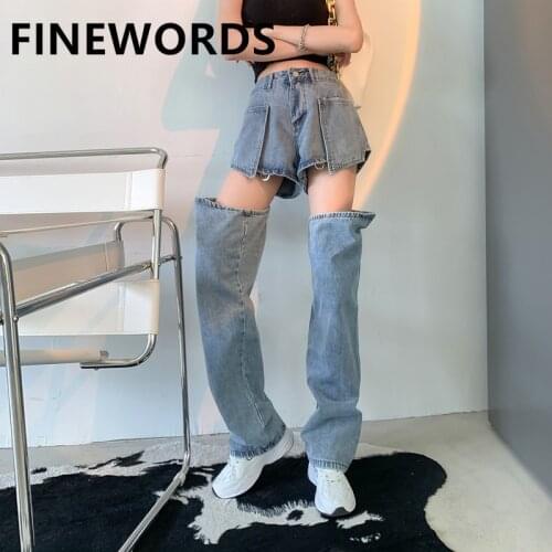 FINEWORDS Chain Splicing Can be Unloaded Coolest Jeans Women Boyfriend Loose Wide Leg Korean Jeans Punk Streetwear Blue Jeans