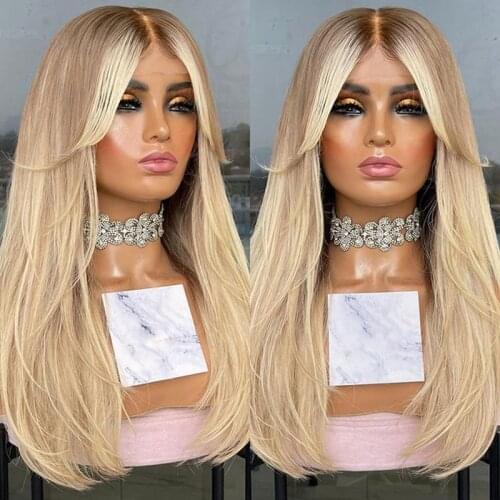 Ombre Light Ash Blonde Transparent Lace Front Wig Fringe Cut 13x4Human Hair Wigs Brazilian Remy Hair Natural Straight 150% 180