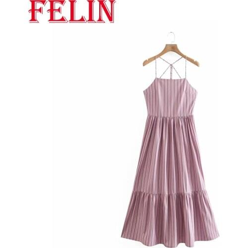 FELIN Womens Dress Summer ZA 2021 New Cross Backless Female Striped Sleeveless Mid Sling Dresses Elegant Mujer Vestidos
