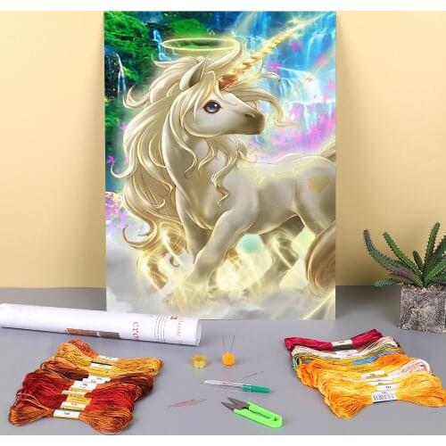 Cartoon Rainbow Unicorn Horse Animal Printed Canvas 11CT Cross-Stitch Embroidery Full Kit DMC Threads Craft Counted