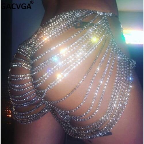 GACVGA Crystal Waist Belly Bikini Chain Women Diamond Underwear Tassel Sexy Body Harness Festival Party Chic Body Chain Jewelry