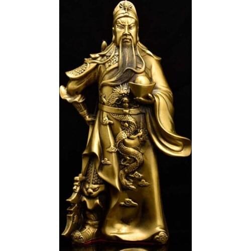 Chinese fengshui old bronze warrior god Guan Yu dragon god of wealth statue
