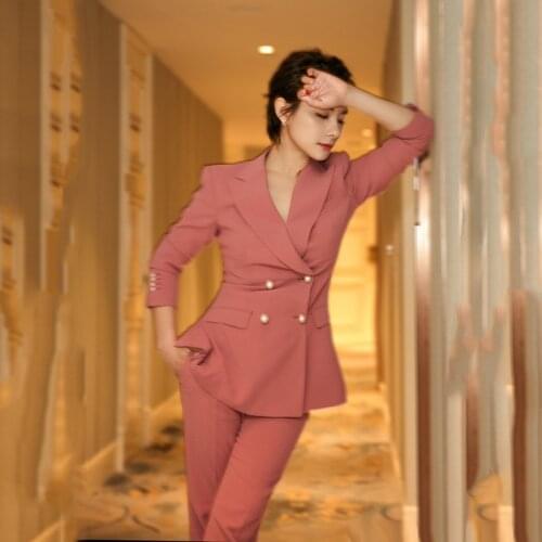 Office suits for women new bean paste powder pearl buckle fashion slim temperament suit nine points feet pants two-piece suit
