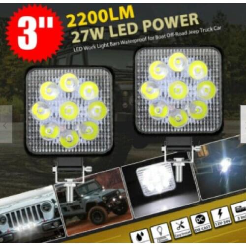 Square 3" LED Work Light For Jeep12-24V 27W Spot Light 6000K Fog Lamp Waterproof for Off-road Truck SUV ATV 4WD 4x4 SUV Pick-up