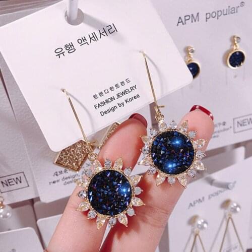 Fashion Royal Blue Zircon Disk Earrings Elegant Elegant Crystal Sun Flower Long Earrings Ear Stud Ear Hook Earrings for Women
