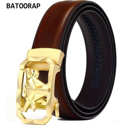 BATOORAP Fashion Luxury Mens Belt Genuine Leather High Quality Novelty Gold Null Print Metal Buckle Brown Cowhide Trouser Belts