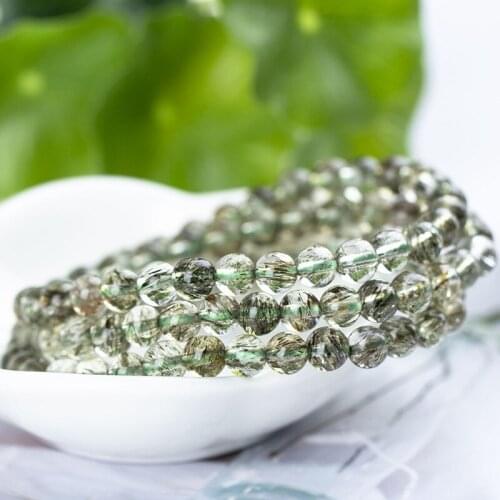 Brazil Natural Green Rutilated Quartz Crystal Bracelet 6mm Clear Round Beads Stretch 3 Laps Women Men Drop Shipping AAAAA