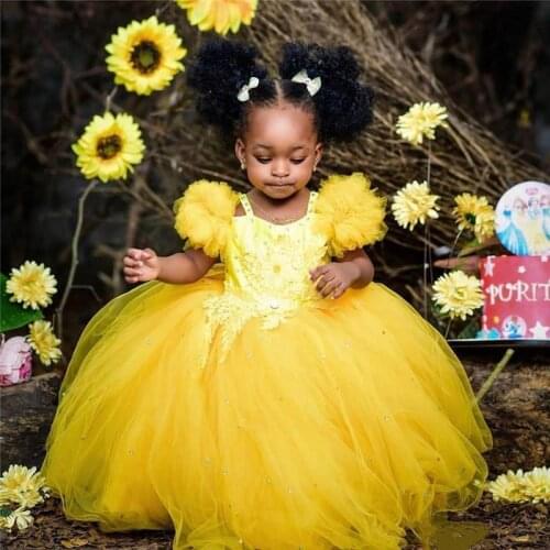 Yellow Flower Girl Dresses Puffy Sleeves Beads Appliques Girls Pageant Dress Cute Kids Birthday Gowns For Photo Shoot Back Bow