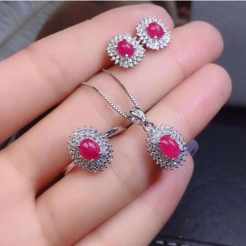 Real Natural Ruby jewelry set Natural Real Ruby 925 sterling silver 1pc pendant,1pc ring,2pcs Earring