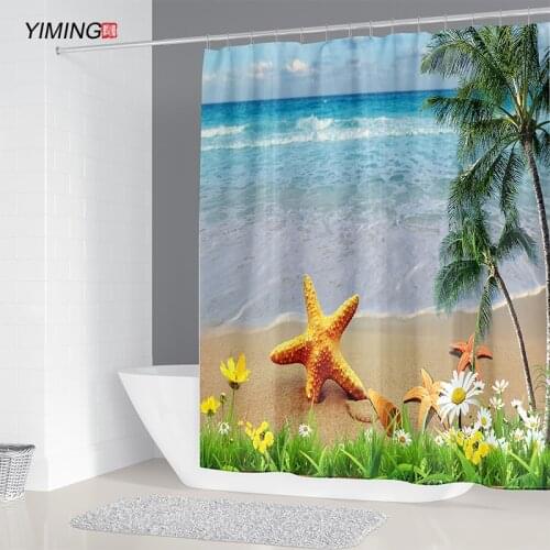 Seaside beach beautiful starfish printing polyester waterproof shower curtain home decoration with hook curtain