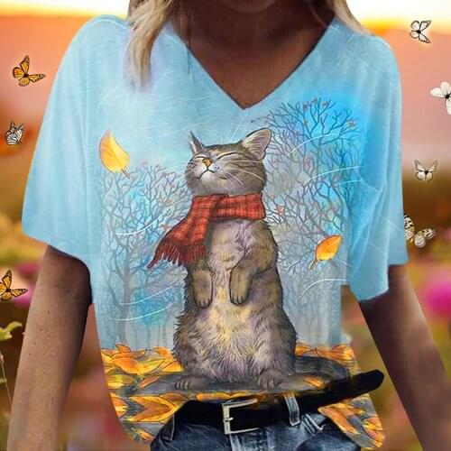 40#Harajuku Plus Size T-Shirts Cat Painting Print V-Neck Short Sleeve Casual Top Pullover Summer Women T-shirt футболка женская